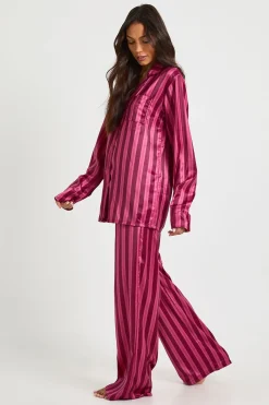 boohoo Ensemble pyjama pour grandes personnes : chemise à manches longues surdimensionnée à rayures en satin & pantalon<Femme Satin Et Dentelle|Pyjamas