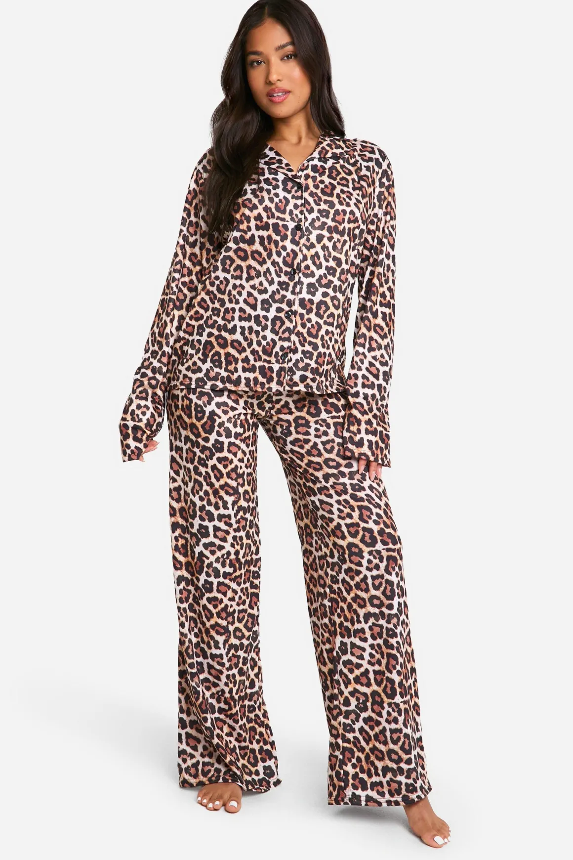 Ensemble pyjama pour petites tailles avec chemise à manches longues et pantalon imprimé léopard