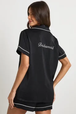 Ensemble Pyjama Satiné Brodé 'Demoiselle d'Honneur' Chemise Manches Courtes & Short de Mariée