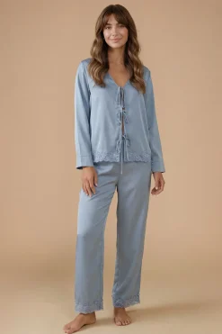 Oasis Ensemble Pyjama Satiné Coupe Large avec Bordure en Dentelle<Femme Satin Et Dentelle|Pyjamas