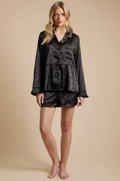 Ensemble Pyjama Short en Satin avec Détail Nœud Jacquard