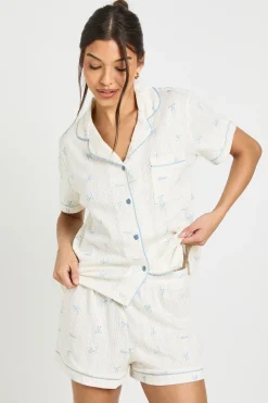 Ensemble Pyjama Short Manches Courtes À Imprimé Nœuds Et Pointelle Avec Boutonnage