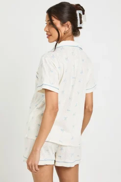 Ensemble Pyjama Short Manches Courtes À Imprimé Nœuds Et Pointelle Avec Boutonnage