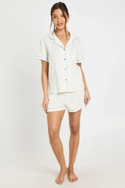 Ensemble Pyjama Short Manches Courtes À Imprimé Nœuds Et Pointelle Avec Boutonnage