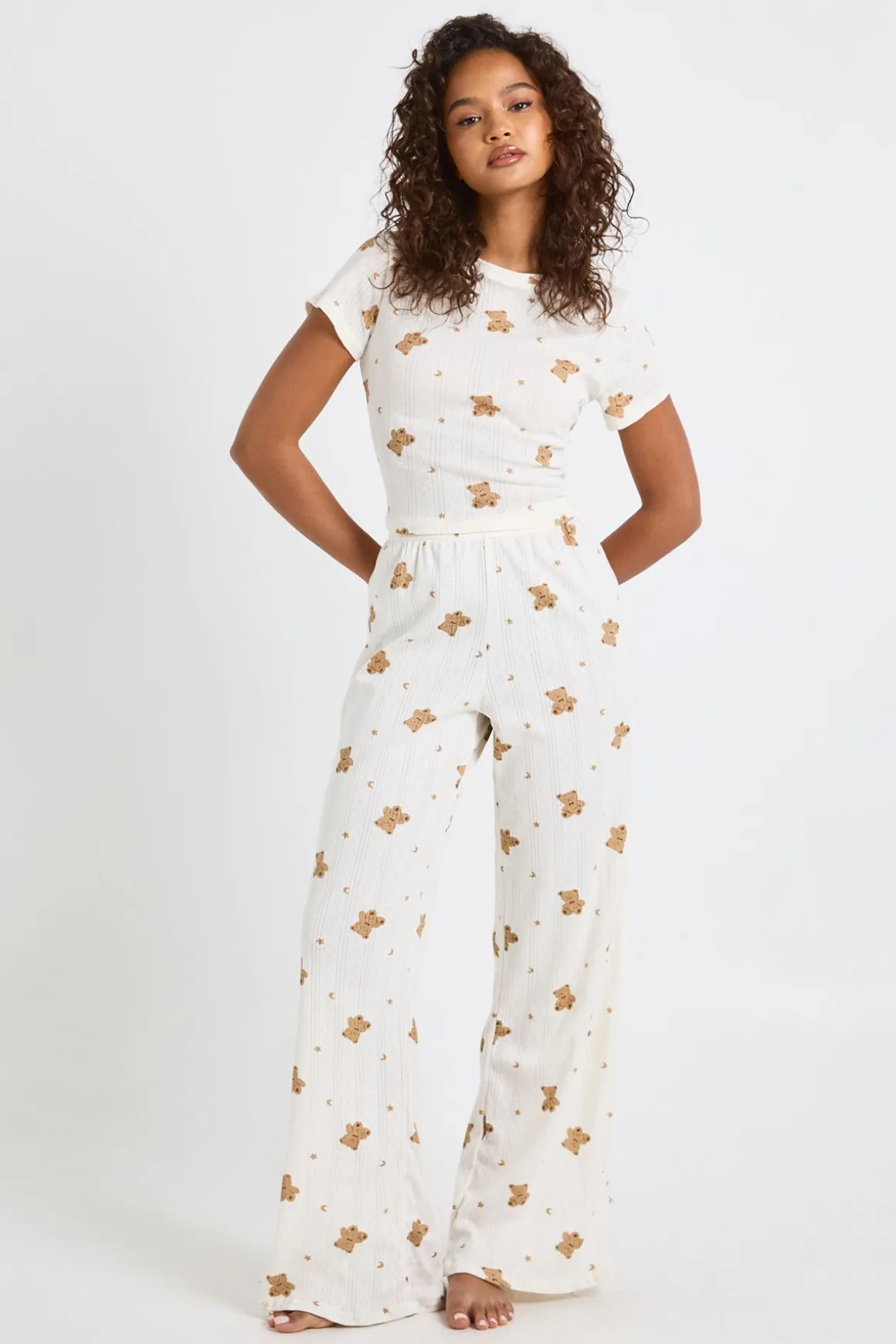 Ensemble Pyjama T-shirt Court Et Pantalon Large À Motif Ours En Jersey Pointelle