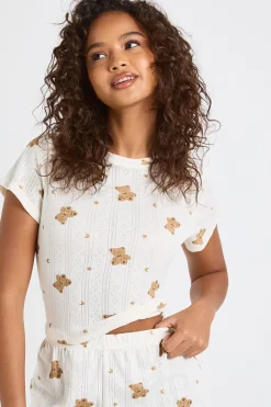 Ensemble Pyjama T-shirt Court Et Pantalon Large À Motif Ours En Jersey Pointelle