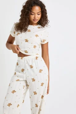 Ensemble Pyjama T-shirt Court Et Pantalon Large À Motif Ours En Jersey Pointelle