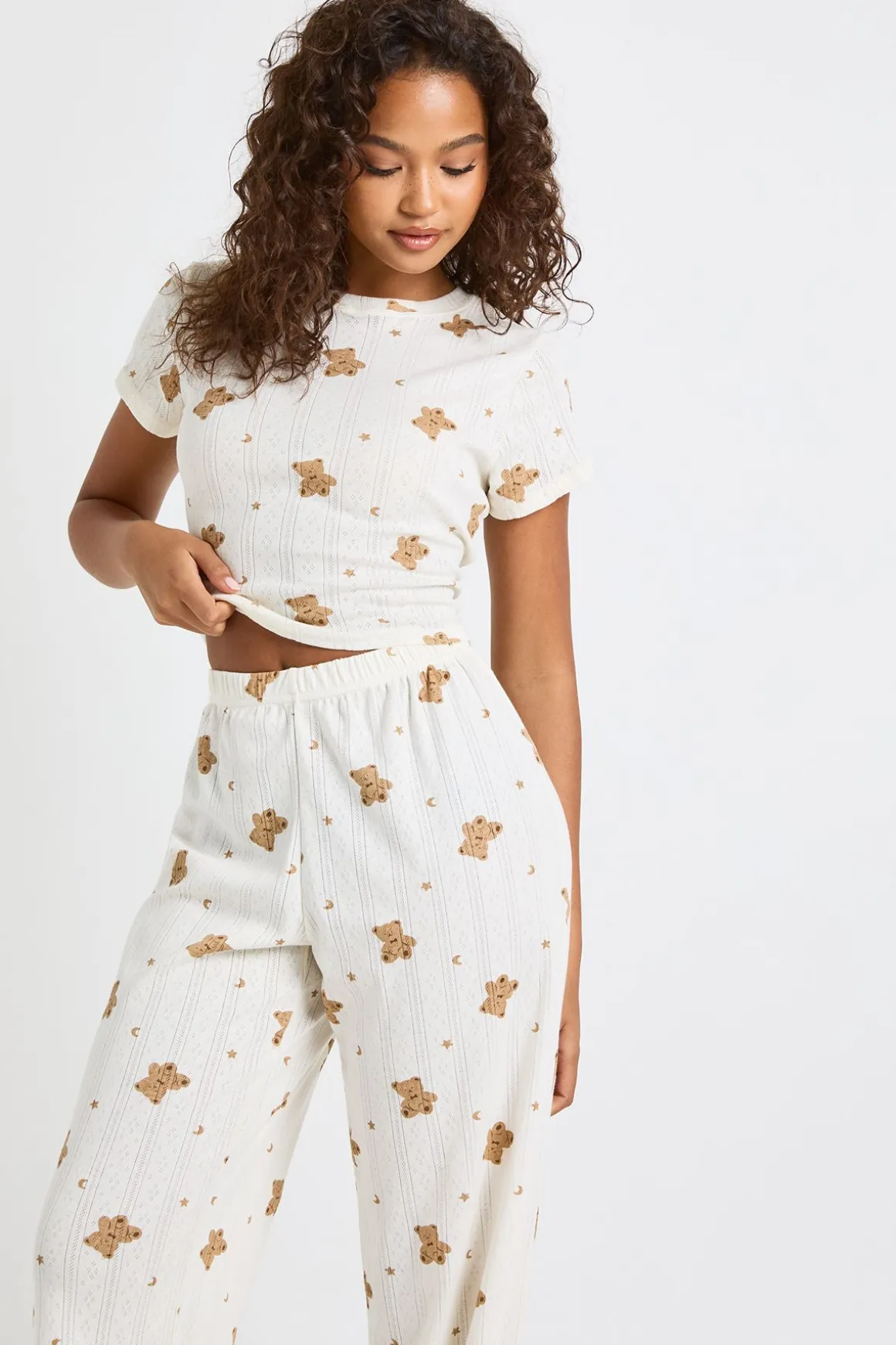 Ensemble Pyjama T-shirt Court Et Pantalon Large À Motif Ours En Jersey Pointelle