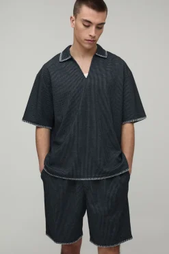 boohooMAN Ensemble Shirt Col V Surdimensionné et Short Ample en Tissu Gaufré avec Coutures Contrastées<Homme Ensembles|Tout Afficher