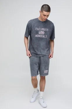 Ensemble Short Et Haut Oversize En Jersey Lavé Imprimé Italia