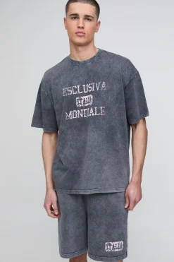 Ensemble Short Et Haut Oversize En Jersey Lavé Imprimé Italia