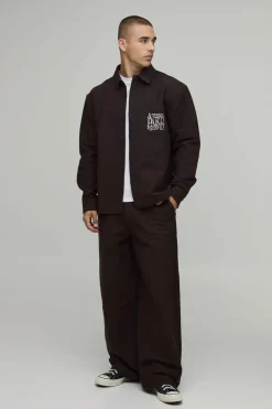 Ensemble Surchemise Oversize Et Pantalon Large En Sergé Texturé Brodé