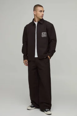 Ensemble Surchemise Oversize Et Pantalon Large En Sergé Texturé Brodé