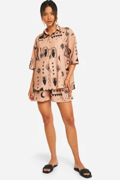 Ensemble surdimensionné chemise & short à imprimé boho tonal martelé