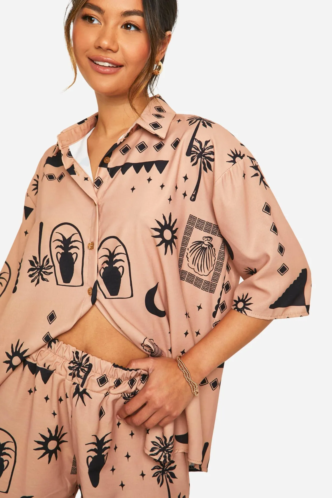 Ensemble surdimensionné chemise & short à imprimé boho tonal martelé