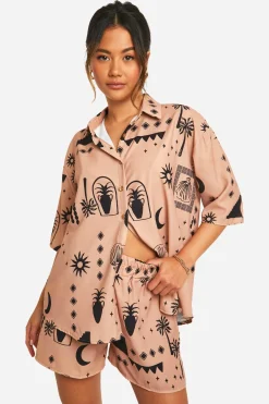 Ensemble surdimensionné chemise & short à imprimé boho tonal martelé