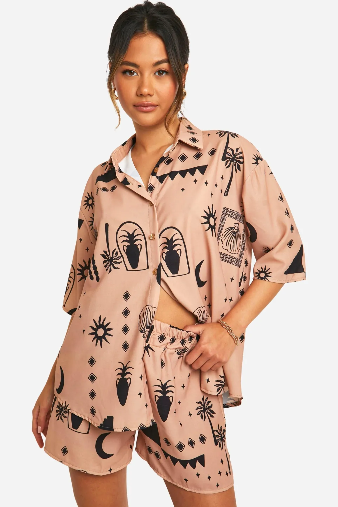Ensemble surdimensionné chemise & short à imprimé boho tonal martelé