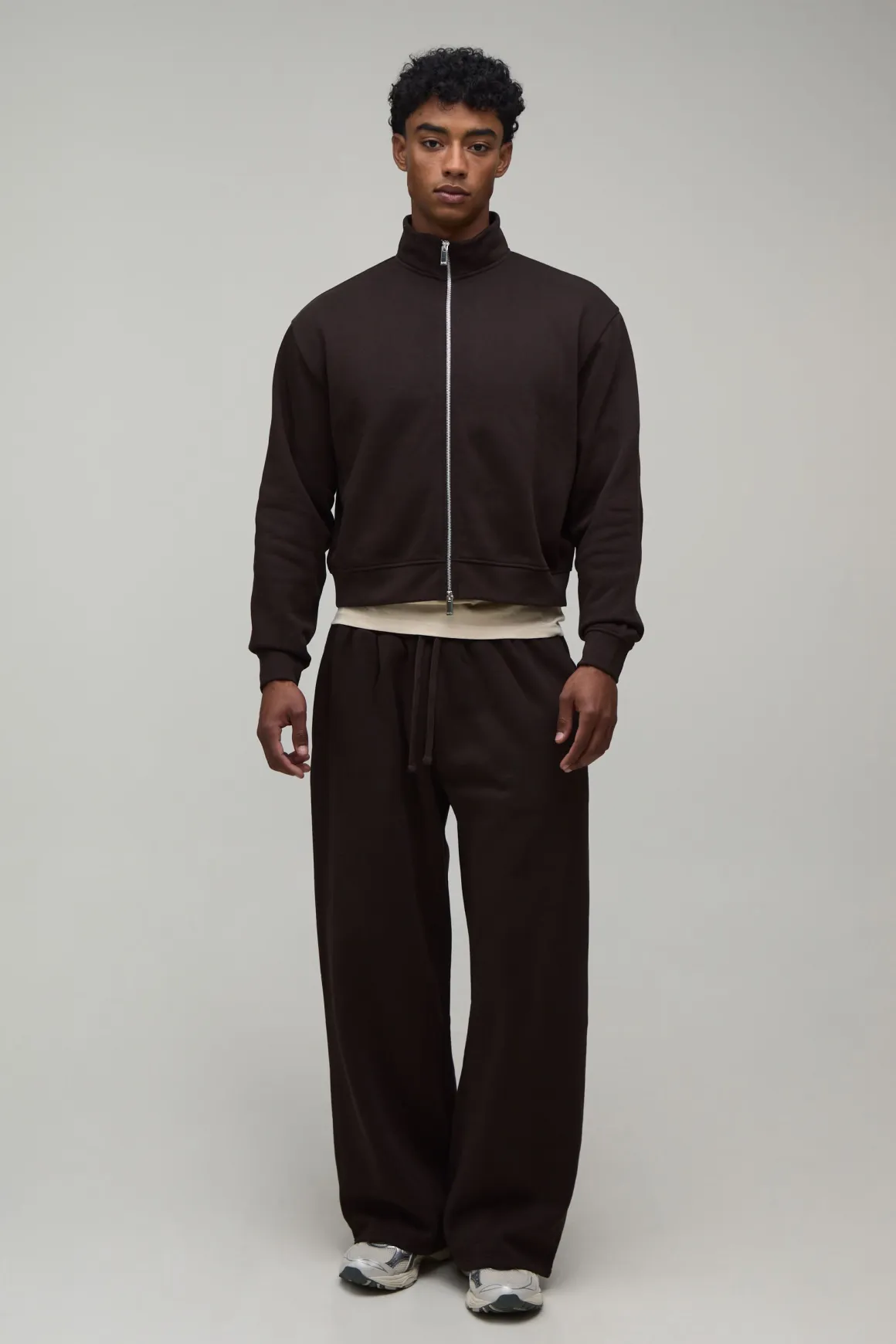 Ensemble Survêtement Col Montant Zippé Raccourci Oversize Et Jogging Large