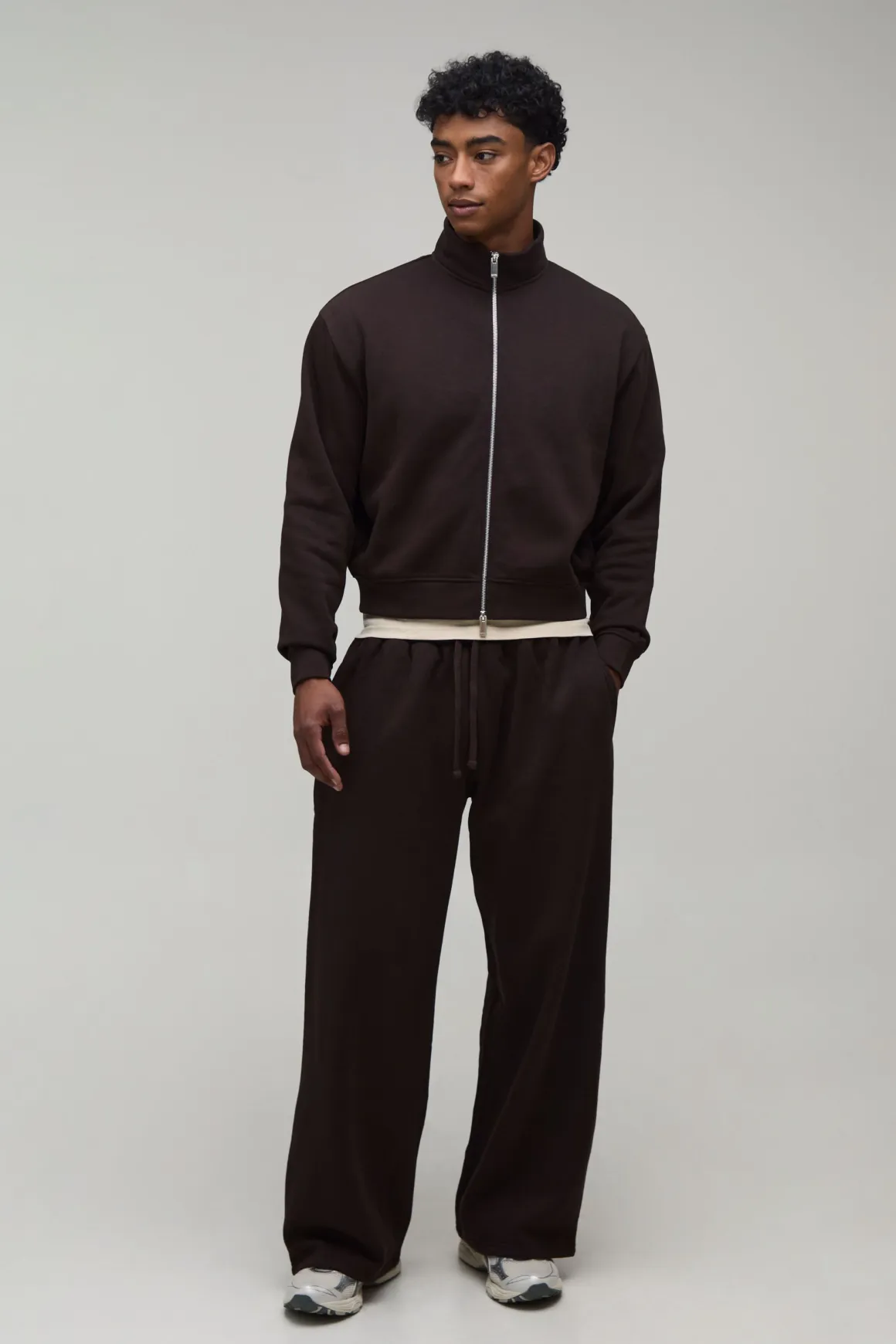 Ensemble Survêtement Col Montant Zippé Raccourci Oversize Et Jogging Large