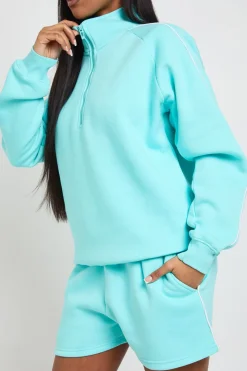 Ensemble Survêtement Court Sweat-shirt Demi-zip Détail Passepoil