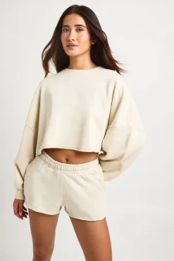 Ensemble Survêtement Court Sweat Crop Boxy Effet Délavé Ourlet Usé