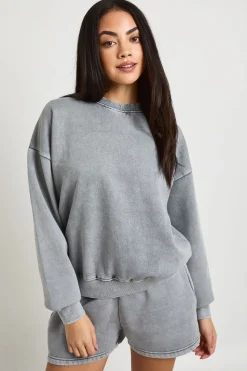 Ensemble Survêtement Court Sweat Col Rond Effet Délavé