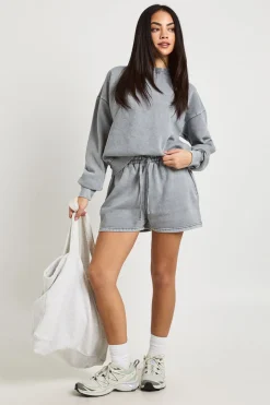 Ensemble Survêtement Court Sweat Col Rond Effet Délavé