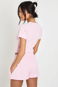 boohoo Ensemble Survêtement Côtelé Haut Court Boutonné À Manches Courtes Et Short<Femme Survêtements|Survêtements