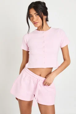 boohoo Ensemble Survêtement Côtelé Haut Court Boutonné À Manches Courtes Et Short<Femme Survêtements|Survêtements