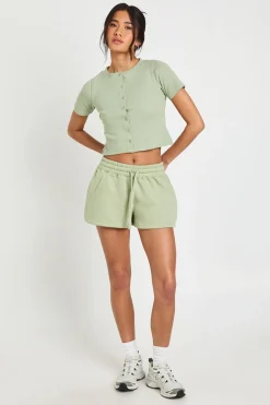 boohoo Ensemble Survêtement Côtelé Haut Court À Manches Courtes Boutonné Et Short<Femme Survêtements|Survêtements