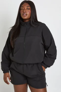 Ensemble Survêtement Grande Taille Veste Zippée Col Montant Et Short En Nylon