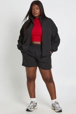 Ensemble Survêtement Grande Taille Veste Zippée Col Montant Et Short En Nylon