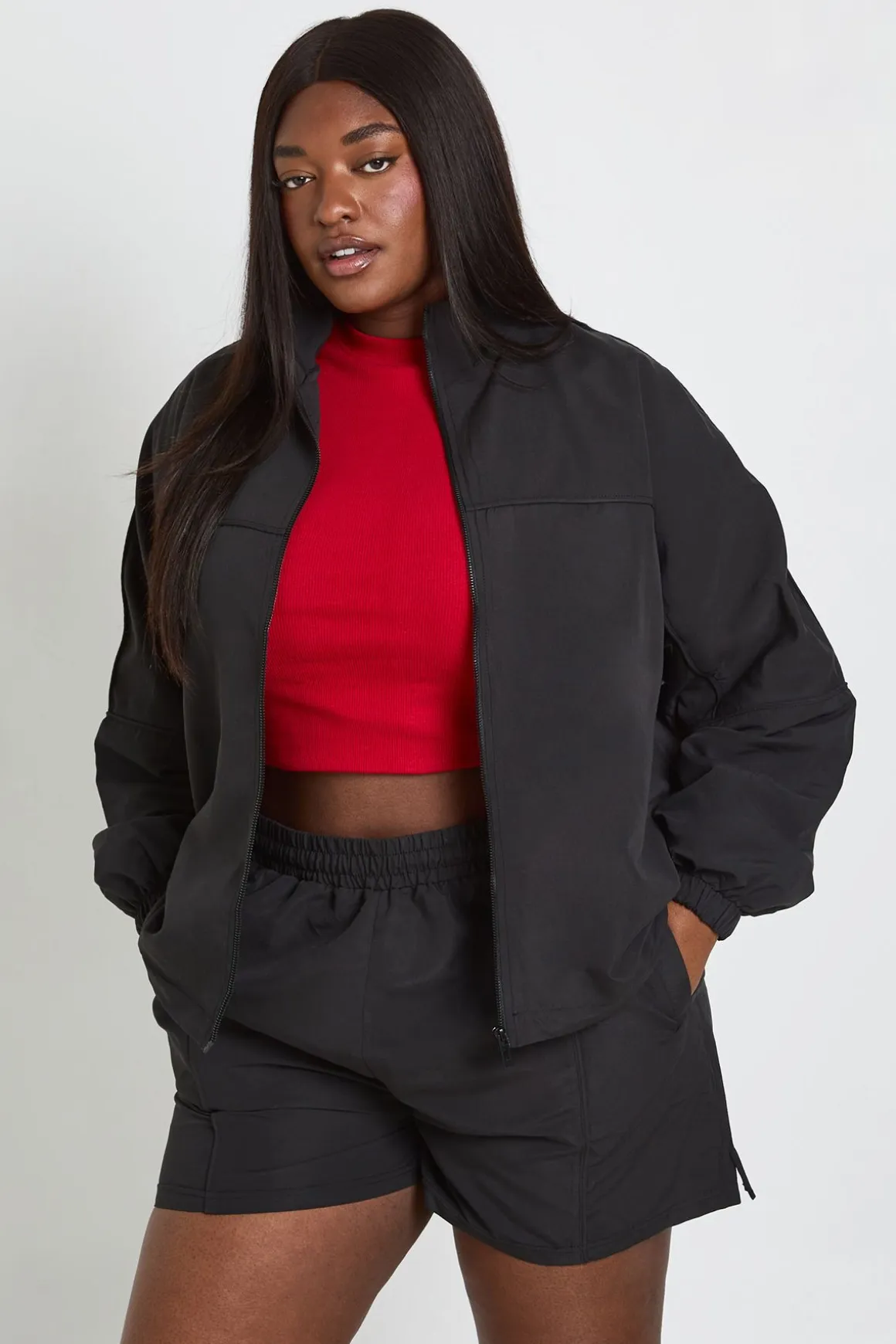 Ensemble Survêtement Grande Taille Veste Zippée Col Montant Et Short En Nylon