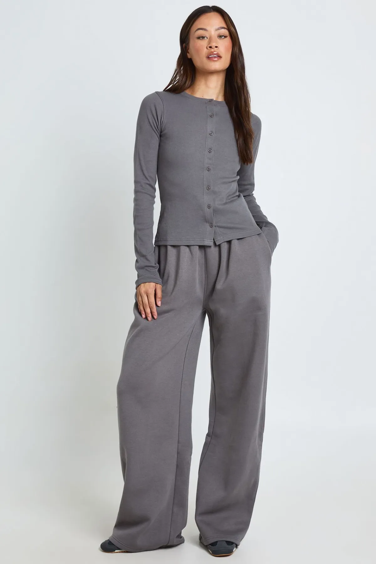 boohoo Ensemble Survêtement Haut Côtelé Long À Manches Longues Avec Boutons<Femme Survêtements|Survêtements