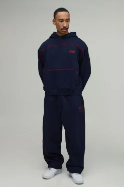 Ensemble Survêtement Homme Oversize : Sweat À Casynthétiqueche Boxy Sport Avec Passepoil Brodé Et Jogging Baggy
