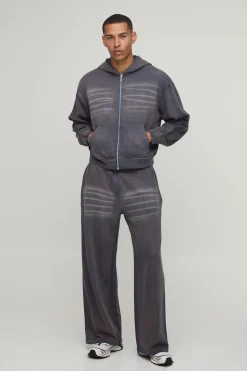 boohooMAN Ensemble Survêtement Hoodie Oversize Rétréci Effet Délavé Spray Avec Zip Et Jogger Jambes Larges Délavage Whisker<Homme Survêtements