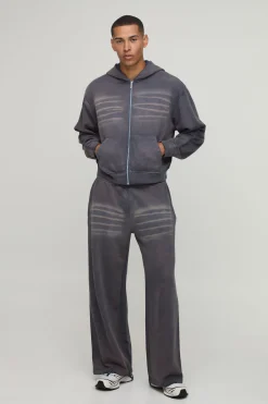 boohooMAN Ensemble Survêtement Hoodie Oversize Rétréci Effet Délavé Spray Avec Zip Et Jogger Jambes Larges Délavage Whisker<Homme Survêtements