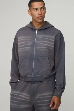boohooMAN Ensemble Survêtement Hoodie Oversize Rétréci Effet Délavé Spray Avec Zip Et Jogger Jambes Larges Délavage Whisker<Homme Survêtements