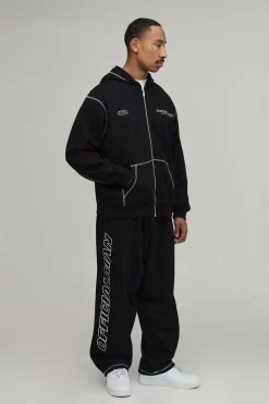 Ensemble Survêtement Officialman Oversize À Surpiqûres Contrastées Avec Sweat À Casynthétiqueche Zippé Et Jogging Baggy