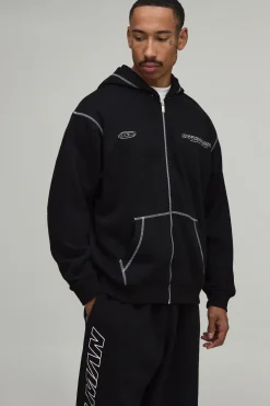Ensemble Survêtement Officialman Oversize À Surpiqûres Contrastées Avec Sweat À Casynthétiqueche Zippé Et Jogging Baggy