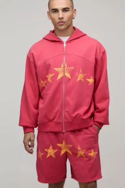 boohooMAN Ensemble Survêtement Oversize Ample Avec Fermeture Éclair Et Short Baggy En Molleton Bouclette Avec Détails Métalliques<Homme Survêtements