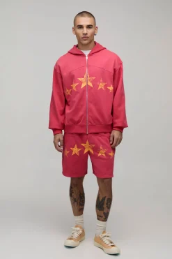 boohooMAN Ensemble Survêtement Oversize Ample Avec Fermeture Éclair Et Short Baggy En Molleton Bouclette Avec Détails Métalliques<Homme Survêtements