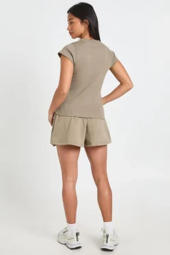 boohoo Ensemble Survêtement Petite Taille Haut Côtelé Boutonné À Manches Courtes Et Short<Femme Survêtements|Survêtements