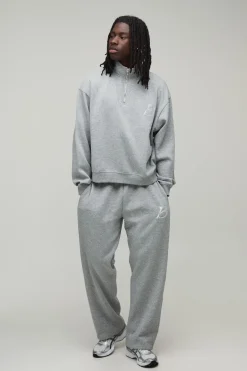 Ensemble Survêtement Sweat Brodé B Col Zippé 1/4 Coupe Ample Oversize & Pantalon Droit