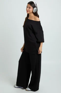 Ensemble Survêtement Sweat Épaules Dénudées Manches Courtes Molleton Bouclette Et Pantalon Jogger