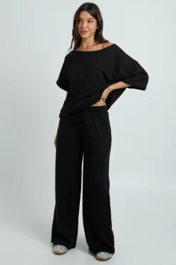 Ensemble Survêtement Sweat Épaules Dénudées Manches Courtes Molleton Bouclette Et Pantalon Jogger