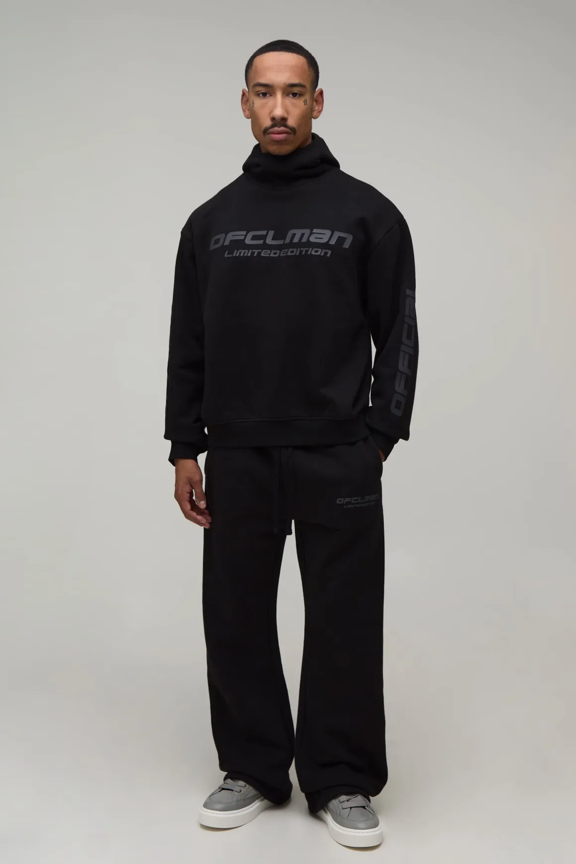 Ensemble Sweat À Casynthétiqueche Oversize Col Cheminée Raccourci Imprimé Relief En Peluche & Jogging Évasé