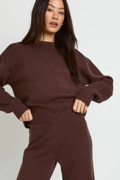 boohoo Ensemble Synthétiquell Col Rond Et Pantalon Large Pour Grande Taille<Femme Looks Chocolat|Pulls Et Gilets