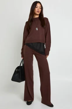 boohoo Ensemble Synthétiquell Col Rond Et Pantalon Large Pour Grande Taille<Femme Looks Chocolat|Pulls Et Gilets