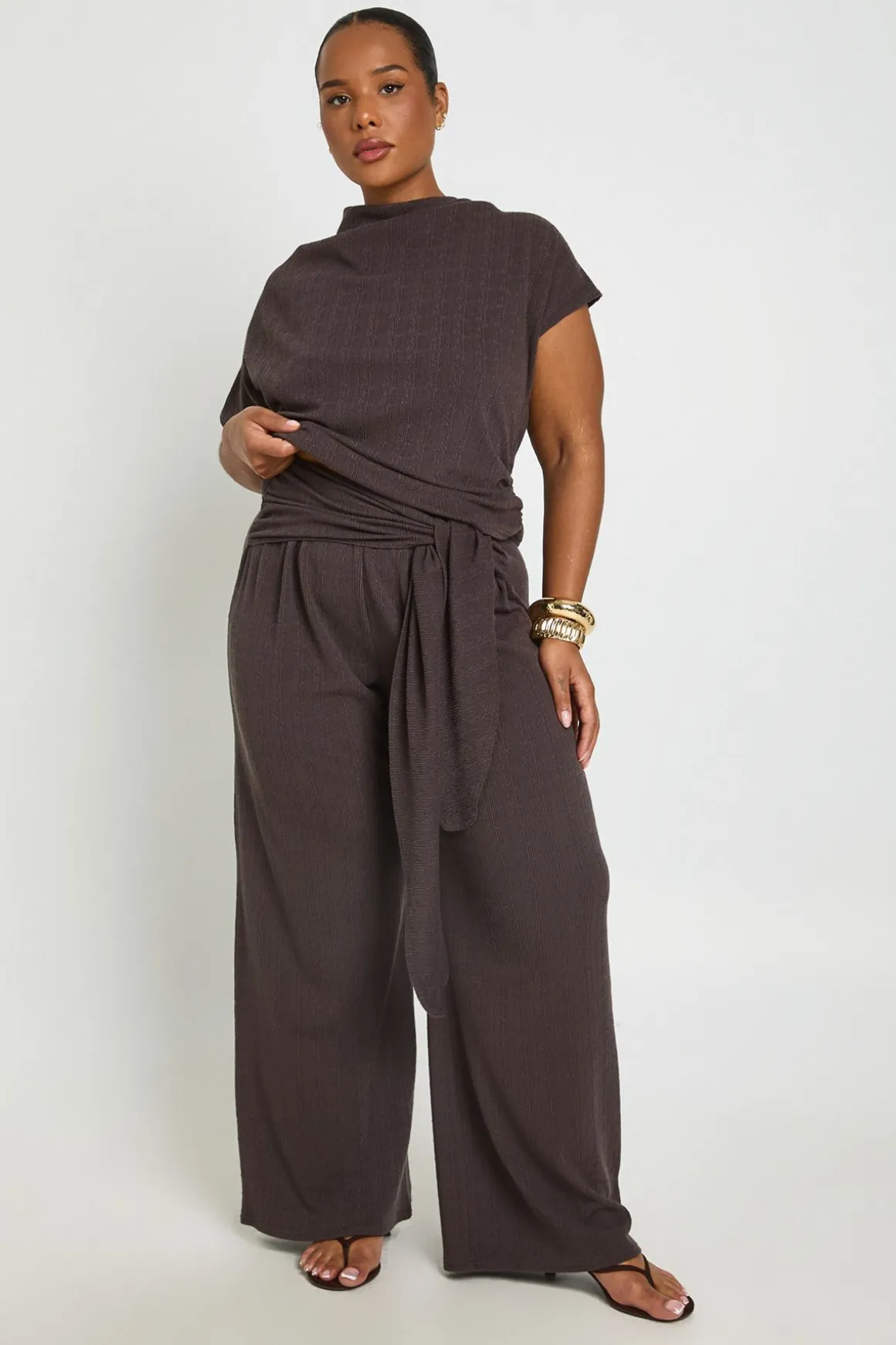 Ensemble Top Ample Épaules Dénudées & Pantalon Large À Taille Nouée